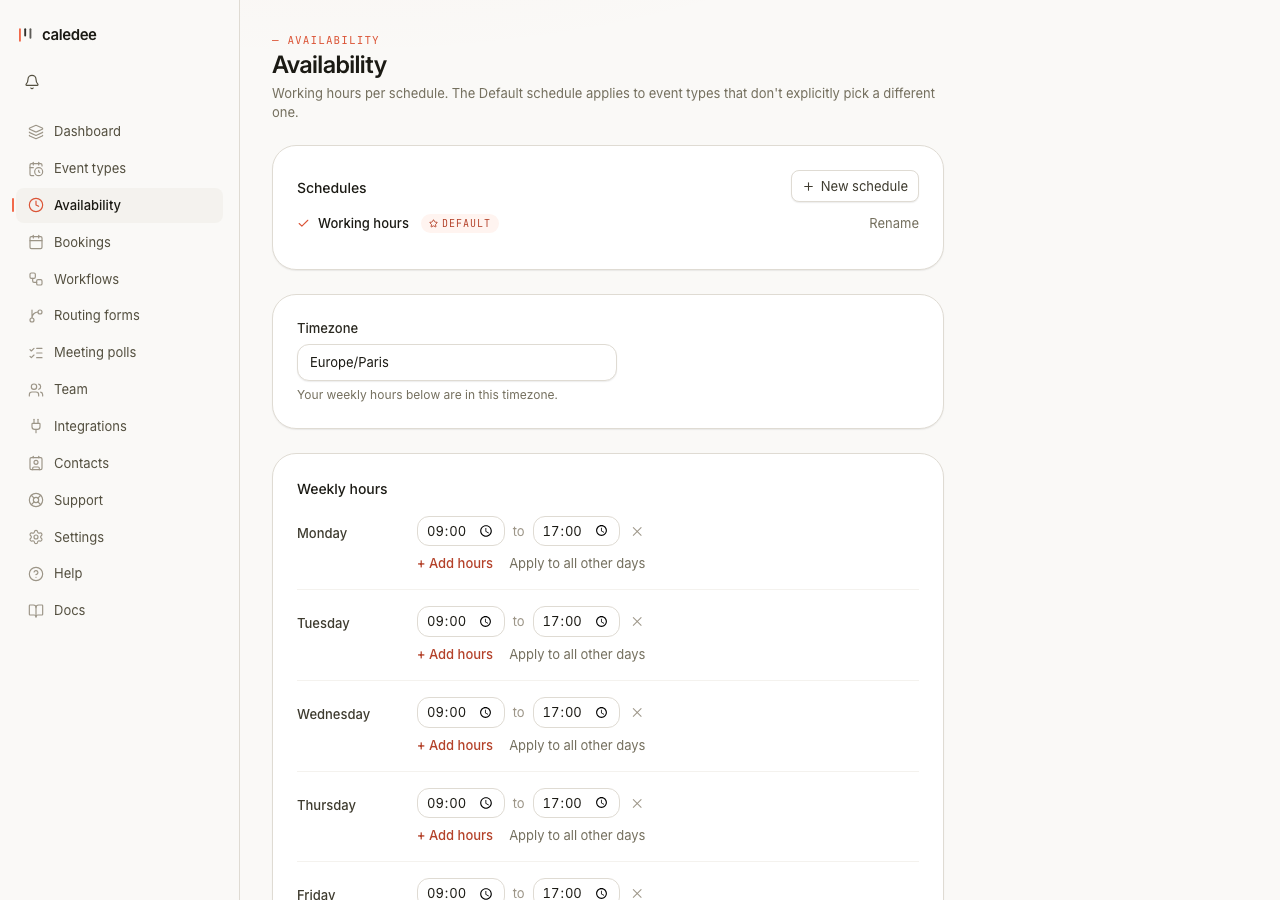 The availability editor — weekly hours plus date-specific overrides