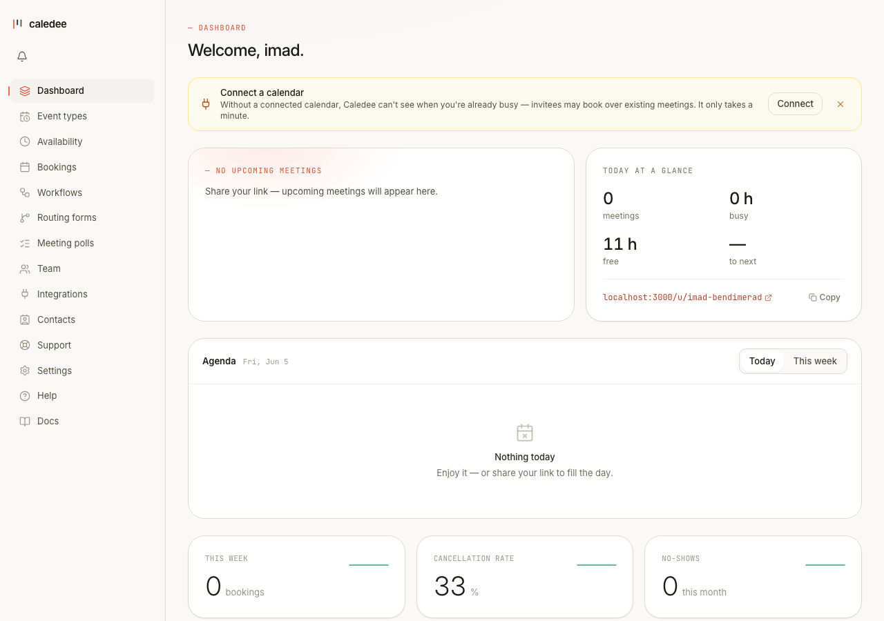 The Caledee dashboard — today's bookings, your page's visit funnel, and shortcuts