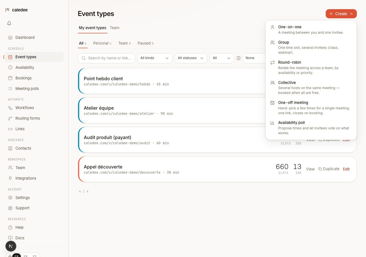 The "+ Create" menu on the Event types page — choose which kind of scheduling link to build
