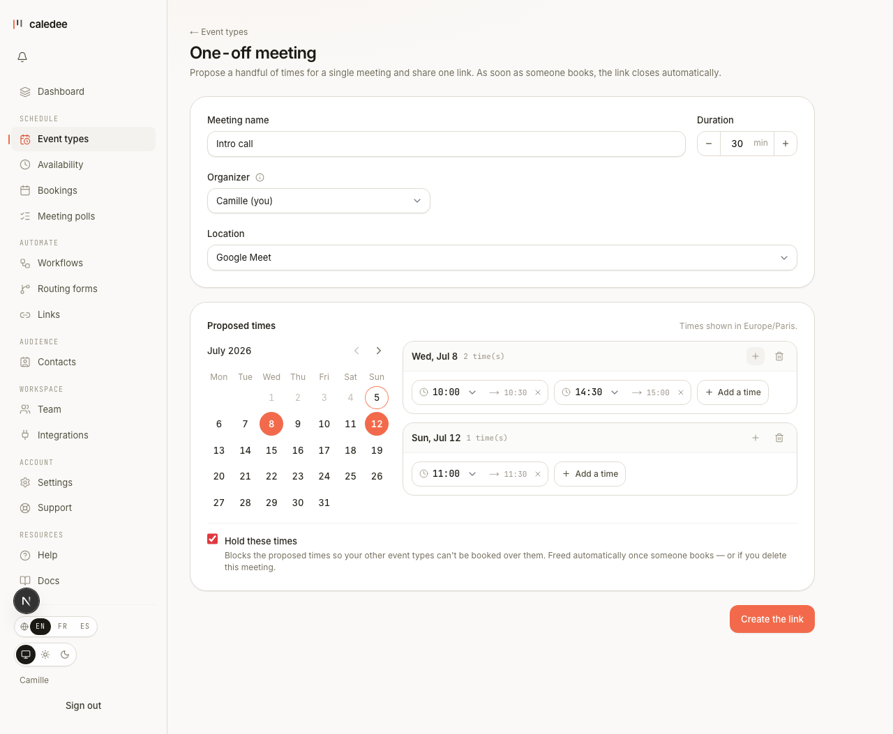 Create a one-off meeting